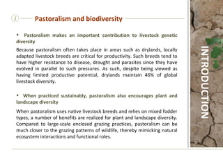 Pastoralism makes an important contribution to livestock genetic diversity   Because pastoralism often takes place in areas such as drylands, locally adapted livestock breeds are critical for productivity. Such breeds tend to have higher resistance to disease, drought and parasites since they have evolved in parallel to such pressures. As such, despite being viewed as having limited productive potential, drylands maintain 46% of global livestock diversity.      When practiced sustainably, pastoralism also encourages plant and landscape diversity   When pastoralism uses native livestock breeds and relies on mixed fodder types, a number of benefits are realized for plant and landscape diversity. Compared to large-scale enclosed grazing practices, pastoralism can be much closer to the grazing patterns of wildlife, thereby mimicking natural ecosystem interactions and functional roles.    i Pastoralism and biodiversity INTRODUCTION 
