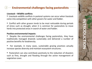 Livestock – Wildlife conflicts:  Livestock–wildlife conflicts in pastoral systems can occur when livestock come into competition with other grazers for water and fodder. Conflict with other grazers tends to be most noticeable during periods of stress such as drought, when it is common for pastoralists to move herds into protected areas in search of water and fodder.     Positive environmental impacts:  Despite the environmental challenges facing pastoralists, they have traditionally managed drylands sustainably and delivered a number of positive benefits for biodiversity.  For example, in many cases, sustainable grazing practices actually increase species diversity and maintain ecosystem structures.  Pastoralism can also contribute positively to the reduction of disasters such as fires, drought and flooding through the active management of vegetative cover.   i Environmental challenges facing pastoralists INTRODUCTION 