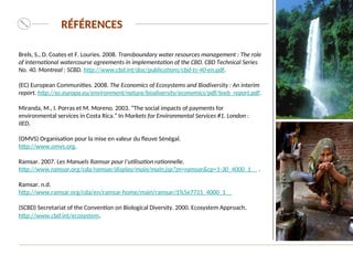 RÉFÉRENCES
Brels, S., D. Coates et F. Louries. 2008. Transboundary water resources management : The role
of international watercourse agreements in implementation of the CBD. CBD Technical Series
No. 40. Montreal : SCBD. http://www.cbd.int/doc/publications/cbd-ts-40-en.pdf.
(EC) European Communities. 2008. The Economics of Ecosystems and Biodiversity : An interim
report. http://ec.europa.eu/environment/nature/biodiversity/economics/pdf/teeb_report.pdf.
Miranda, M., I. Porras et M. Moreno. 2003. “The social impacts of payments for
environmental services in Costa Rica.” In Markets for Environmental Services #1. London :
IIED.
(OMVS) Organisation pour la mise en valeur du fleuve Sénégal.
http://www.omvs.org.
Ramsar. 2007. Les Manuels Ramsar pour l’utilisation rationnelle.
http://www.ramsar.org/cda/ramsar/display/main/main.jsp?zn=ramsar&cp=1-30_4000_1__ .
Ramsar. n.d.
http://www.ramsar.org/cda/en/ramsar-home/main/ramsar/1%5e7715_4000_1__
(SCBD) Secretariat of the Convention on Biological Diversity. 2000. Ecosystem Approach.
http://www.cbd.int/ecosystem.
 