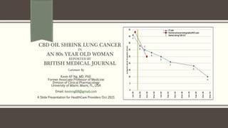 CBD OIL SHRINK LUNG CANCER
IN
AN 80s YEAR OLD WOMAN
REPORTED BY
BRITISH MEDICAL JOURNAL
Comment By
Kevin KF Ng, MD, PhD.
Former Associate Professor of Medicine
Division of Clinical Pharmacology
University of Miami, Miami, FL, USA
Email: kevinng68@gmail.com
A Slide Presentation for HealthCare Providers Oct 2021
 