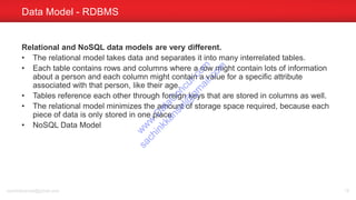 Relational and NoSQL data models are very different.
• The relational model takes data and separates it into many interrelated tables.
• Each table contains rows and columns where a row might contain lots of information
about a person and each column might contain a value for a specific attribute
associated with that person, like their age.
• Tables reference each other through foreign keys that are stored in columns as well.
• The relational model minimizes the amount of storage space required, because each
piece of data is only stored in one place
• NoSQL Data Model
Data Model - RDBMS
sachinkkansal@gmail.com 18
w
w
w
.D
ataC
oncur.com
sachinkkansal@
gm
ail.com
 