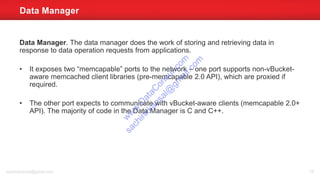 Data Manager. The data manager does the work of storing and retrieving data in
response to data operation requests from applications.
• It exposes two “memcapable” ports to the network – one port supports non-vBucket-
aware memcached client libraries (pre-memcapable 2.0 API), which are proxied if
required.
• The other port expects to communicate with vBucket-aware clients (memcapable 2.0+
API). The majority of code in the Data Manager is C and C++.
Data Manager
sachinkkansal@gmail.com 78
w
w
w
.D
ataC
oncur.com
sachinkkansal@
gm
ail.com
 