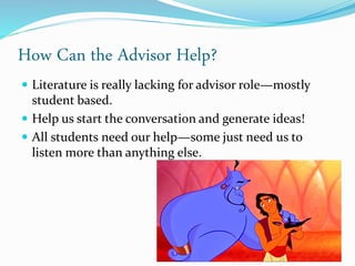 How Can the Advisor Help?
 Literature is really lacking for advisor role—mostly
student based.
 Help us start the conversation and generate ideas!
 All students need our help—some just need us to
listen more than anything else.
 