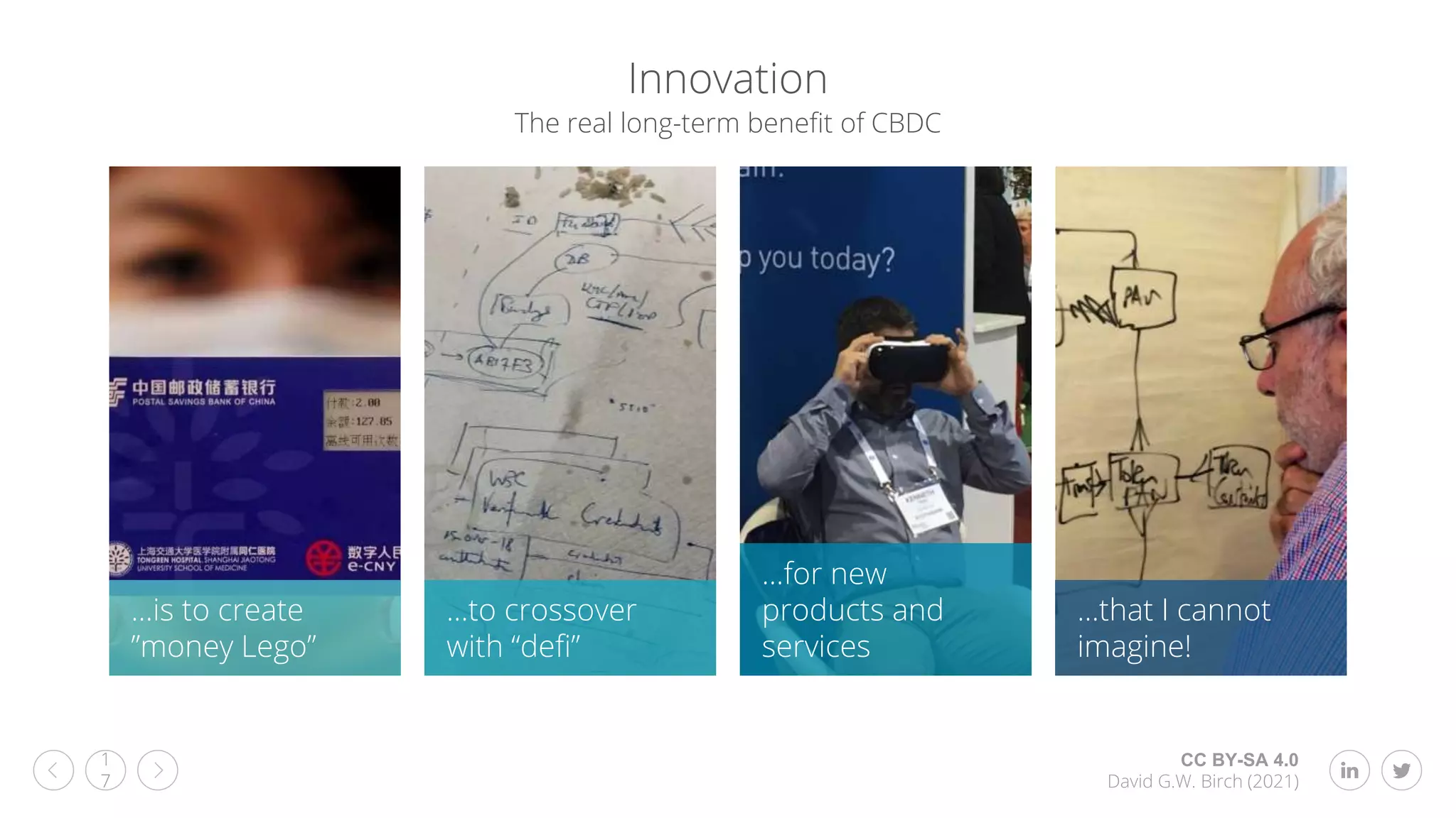 CC BY-SA 4.0
David G.W. Birch (2021)
1
7
Innovation
…is to create
”money Lego”
…to crossover
with “defi”
…for new
products and
services
…that I cannot
imagine!
The real long-term benefit of CBDC
 