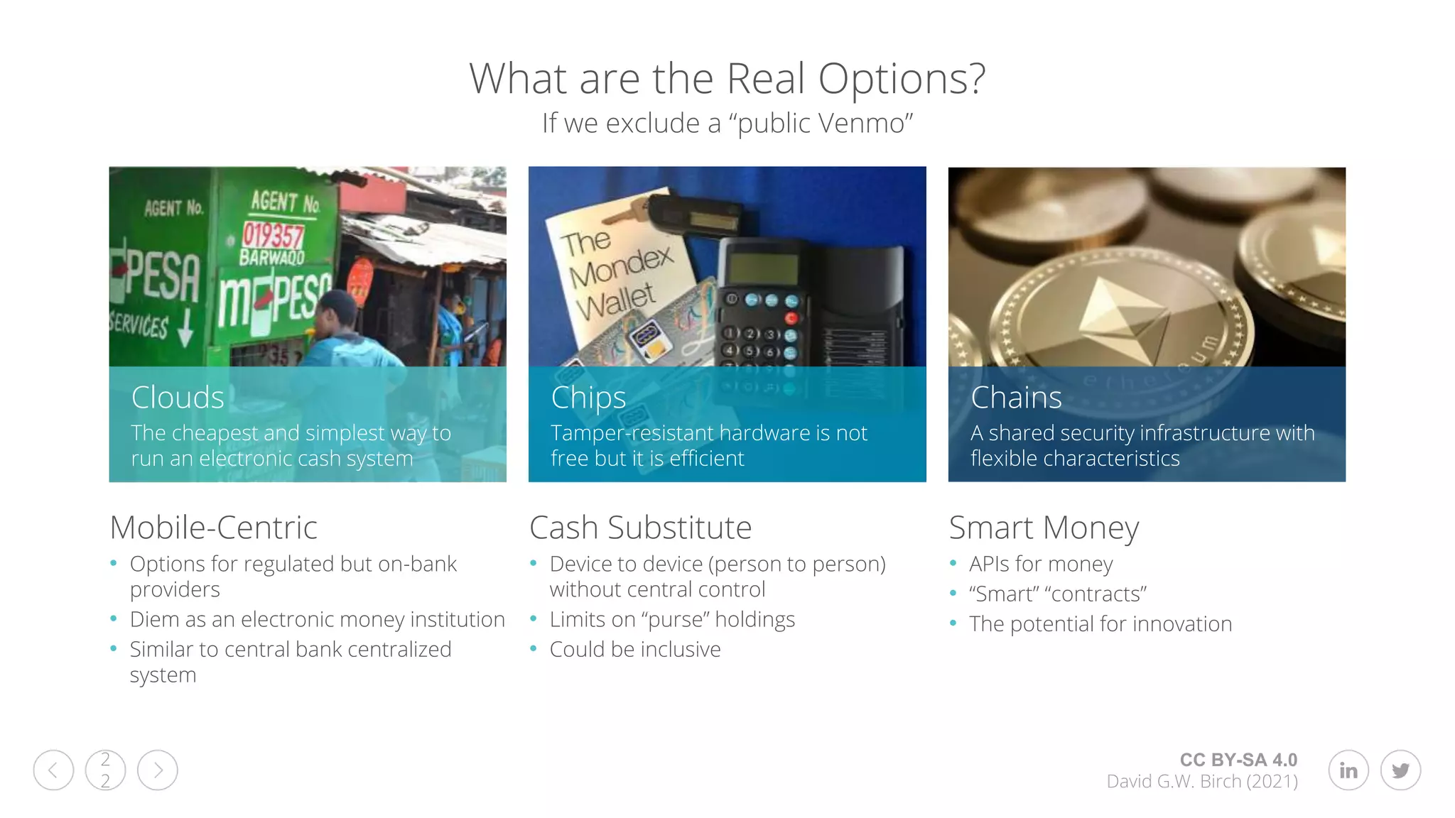 CC BY-SA 4.0
David G.W. Birch (2021)
2
2
What are the Real Options?
Mobile-Centric
• Options for regulated but on-bank
providers
• Diem as an electronic money institution
• Similar to central bank centralized
system
Cash Substitute
• Device to device (person to person)
without central control
• Limits on “purse” holdings
• Could be inclusive
Smart Money
• APIs for money
• “Smart” “contracts”
• The potential for innovation
If we exclude a “public Venmo”
Clouds
The cheapest and simplest way to
run an electronic cash system
Chips
Tamper-resistant hardware is not
free but it is efficient
Chains
A shared security infrastructure with
flexible characteristics
 