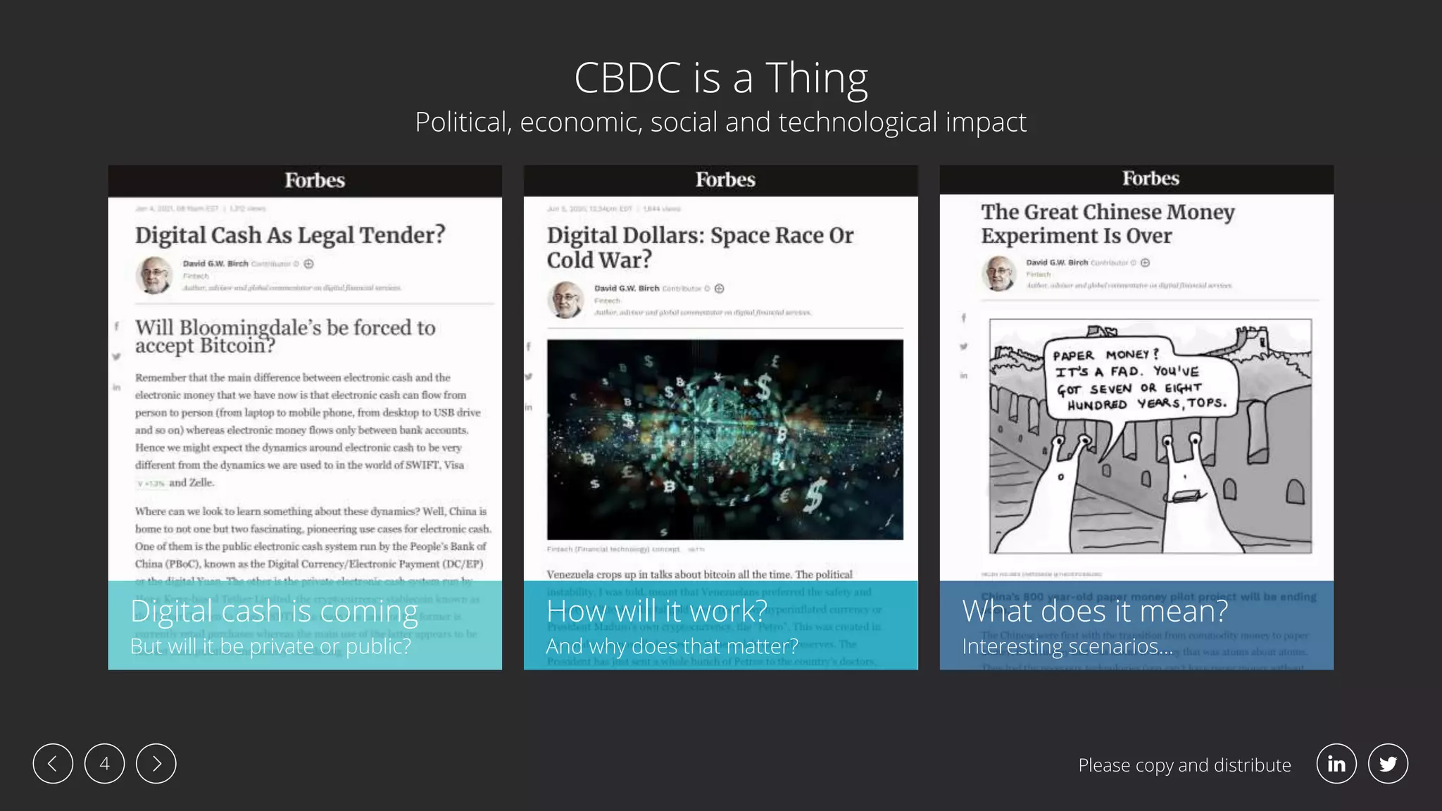 Please copy and distribute
4
CBDC is a Thing
Political, economic, social and technological impact
Digital cash is coming
But will it be private or public?
How will it work?
And why does that matter?
What does it mean?
Interesting scenarios…
 