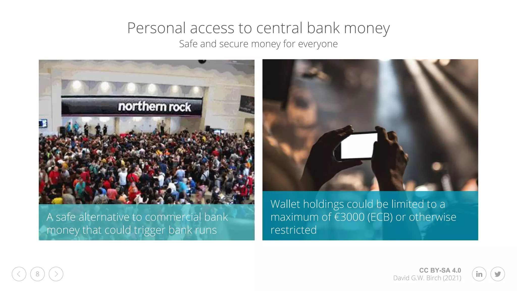 CC BY-SA 4.0
David G.W. Birch (2021)
8
Personal access to central bank money
A safe alternative to commercial bank
money that could trigger bank runs
Wallet holdings could be limited to a
maximum of €3000 (ECB) or otherwise
restricted
Safe and secure money for everyone
 