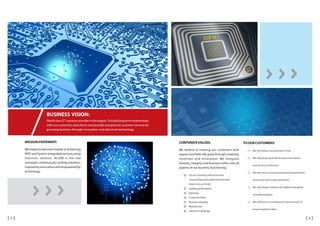 MISSIONSTATEMENT:
Weinspiretobecomealeaderinenhancing
RFID and System Integrated services using
futuristic solution. ACUBE is the real
innovator, continuously creating solutions,
inspired by innovation and empowered by
technology.
CORPORATEVALUES:
We believe in treating our customers with
respect and faith.We grow through creativity,
invention and innovation. We integrate
honesty, integrity and business ethics into all
aspects of our business functioning
All our activities will be evolved
around these principles that we hold
dearest to our heart.
Qualityperformance
Expertise
Customer focus
Businessintegrity
Mutualtrust
Fairnessindealings
TOOURCUSTOMERS:
We will deliver our promises in full
We will always provide the best of products
and services at all times
We will strive to exceed customer expectations
and ensure their total satisfaction.
We will always maintain the highest standards
ofprofessionalism
We will focus on continuous improvement to
ensure superior value.
BUSINESS VISION:
WorldclassICTsolutionproviderintheregion.Tobuildlongtermrelationships
with our customers and clients and provide exceptional customer services by
pursuing business through innovation and advanced technology.
54
 