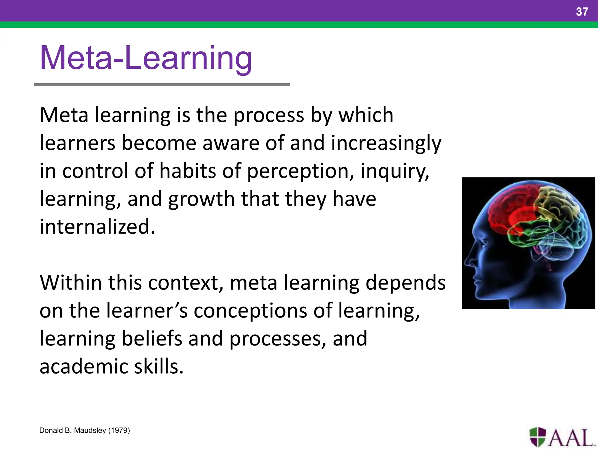 37
Meta-Learning
Meta learning is the process by which
learners become aware of and increasingly
in control of habits of perception, inquiry,
learning, and growth that they have
internalized.
Within this context, meta learning depends
on the learner’s conceptions of learning,
learning beliefs and processes, and
academic skills.
Donald B. Maudsley (1979)
 