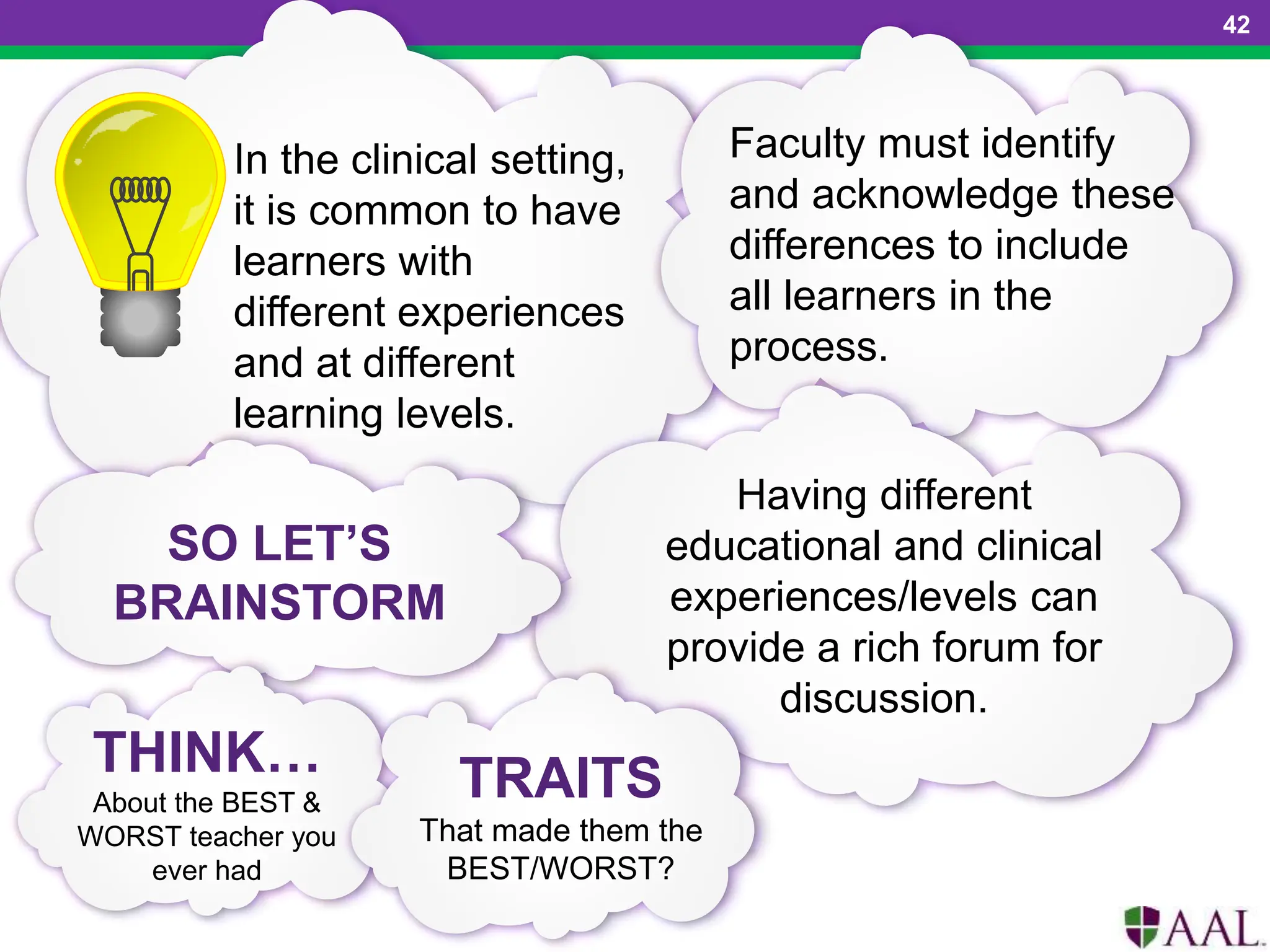 In the clinical setting,
it is common to have
learners with
different experiences
and at different
learning levels.
Faculty must identify
and acknowledge these
differences to include
all learners in the
process.
Having different
educational and clinical
experiences/levels can
provide a rich forum for
discussion.
SO LET’S
BRAINSTORM
THINK…
About the BEST &
WORST teacher you
ever had
TRAITS
That made them the
BEST/WORST?
42
 