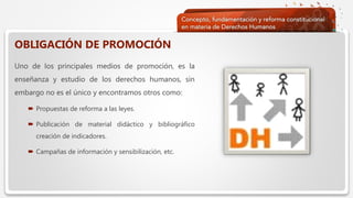  Haga clic para modificar el estilo de texto del patrón
 Segundo nivel
 Tercer nivel
 Cuarto nivel
 Quinto nivel
OBLIGACIÓN DE PROMOCIÓN
Uno de los principales medios de promoción, es la
enseñanza y estudio de los derechos humanos, sin
embargo no es el único y encontramos otros como:
 Propuestas de reforma a las leyes.
 Publicación de material didáctico y bibliográfico
creación de indicadores.
 Campañas de información y sensibilización, etc.
 