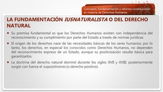  Haga clic para modificar el estilo de texto del patrón
 Segundo nivel
 Tercer nivel
 Cuarto nivel
 Quinto nivel
LA FUNDAMENTACIÓN IUSNATURALISTA O DEL DERECHO
NATURAL
 Su premisa fundamental es que los Derechos Humanos existen con independencia del
reconocimiento y su cumplimiento por parte del Estado a través de normas jurídicas.
 El origen de los derechos nace de las necesidades básicas de los seres humanos; por lo
tanto, los derechos, en especial los conocidos como Derechos Humanos, no dependen
del reconocimiento expreso de un Estado, aunque su positivización resulte básica para
garantizarlos.
 La doctrina del derecho natural dominó durante los siglos XVII y XVIII; posteriormente
surgió con fuerza el iuspositivismo (o derecho positivo).
 