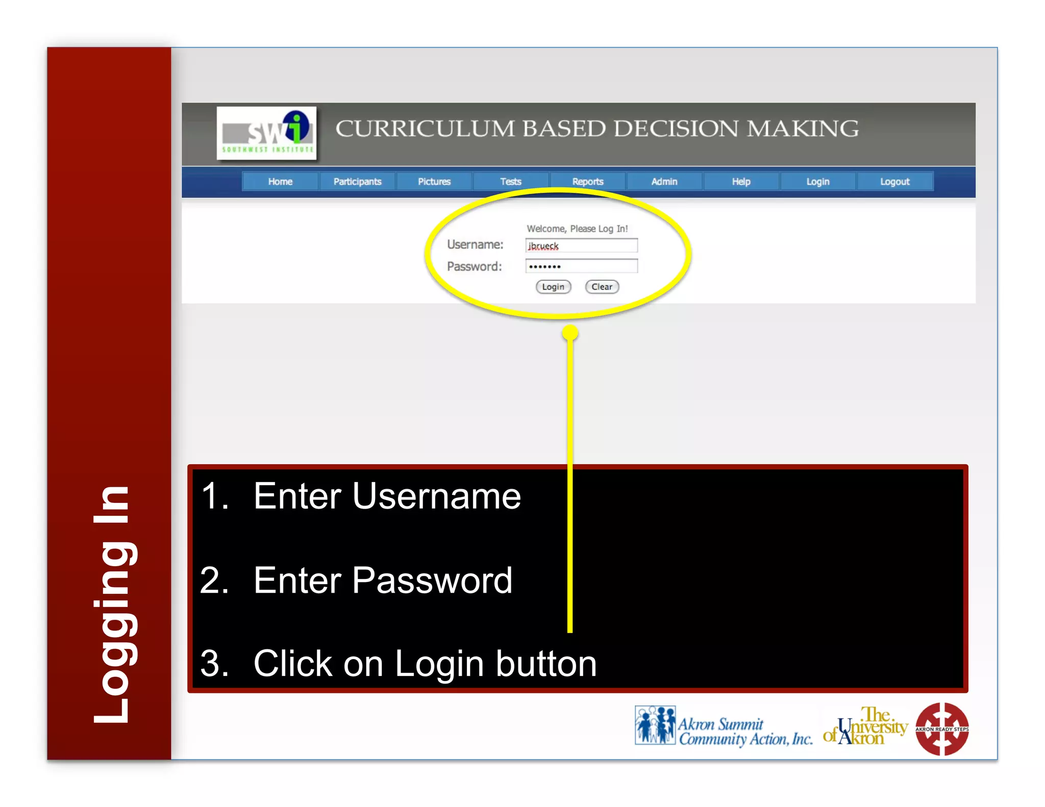 LoggingIn
1. Enter Username
2. Enter Password
3. Click on Login button