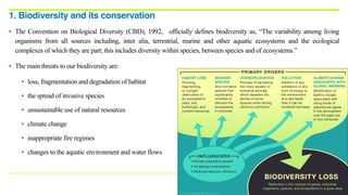• The Convention on Biological Diversity (CBD), 1992, officially defines biodiversity as, “The variability among living
organisms from all sources including, inter alia, terrestrial, marine and other aquatic ecosystems and the ecological
complexes of which they are part; this includes diversity within species, between species and of ecosystems.”
• The main threats to our biodiversity are:
• loss, fragmentation and degradation of habitat
• the spread of invasive species
• unsustainable use of natural resources
• climate change
• inappropriate fire regimes
• changes to the aquatic environment and water flows
1. Biodiversity and its conservation
 