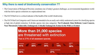 • The Conservation of Biological Diversity constitutes one of today's greatest challenges, as environmental degradation world-
wide has led to species extinction at a unprecedented rate.
• The IUCN Red List is a critical indicator of the health of the world’s biodiversity.
• The IUCN Red List Categories and Criteria are intended to be an easily and widely understood system for classifying species
at high risk of global extinction. It divides species into nine categories: Not Evaluated, Data Deficient, Least Concern,
Near Threatened, Vulnerable, Endangered, Critically Endangered, Extinct in the Wild and Extinct.
Why there is need of biodiversity conservation ??
https://www.iucnredlist.org
 