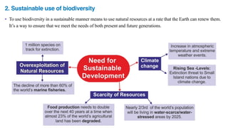 2. Sustainable use of biodiversity
• To use biodiversity in a sustainable manner means to use natural resources at a rate that the Earth can renew them.
It’s a way to ensure that we meet the needs of both present and future generations.
 