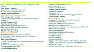Major themes at meetings of the Conference of the
Parties
First ordinary meeting
Guidance to the financial mechanism; 

Medium-term programme of work;

Second ordinary meeting
Marine and coastal biological diversity; 

Access to genetic resources; 

Conservation and sustainable use of biological diversity; 

Biosafety;

Third ordinary meeting
Agricultural biodiversity; 

Financial resources and mechanism; 

Identification, monitoring and assessment; 

Intellectual property rights;

Fourth ordinary meeting
Inland water ecosystems; 

Review of the operations of the Convention; 

Article 8(j) and related issues (traditional knowledge); 

Benefit sharing;

Fifth ordinary meeting
Dryland, mediterranean, arid, semi-arid, grassland and savannah
ecosystems; 

Sustainable use, including tourism; 

Access to genetic resources;

Sixth ordinary meeting
Forest ecosystems; Alien species; 

Benefit-sharing; 

Strategic plan 2002-2010;

Seventh ordinary meeting
Mountain ecosystems; 

Protected areas; 

Transfer of technology and technology cooperation.

Eighth ordinary meeting
Island biodiversity; 

Biological diversity of dry and sub-humid lands; 

Global Taxonomy Initiative; 

Access and benefit-sharing (Article 15); 

Article 8(j) and related provisions; 

Communication, education and public awareness (Article 13).

Ninth ordinary meeting
Agricultural biodiversity; 

Global Strategy for Plant Conservation; 

Invasive alien species; 

Forest biodiversity; 

Incentive measures; 

Ecosystem approach; 

Progress in the implementation of the Strategic Plan and
progress towards the 2010 traget and relevant Millennium
Development Goals; 

Financial resources and the financial mechanism.
 