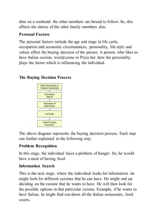 dine on a weekend; the other members are bound to follow. So, this
affects the choice of the other family members also.
Personal Factors
The personal factors include the age and stage in life cycle,
occupation and economic circumstances, personality, life style and
values effect the buying decision of the person. A person, who likes to
have Italian cuisine, would come to Pizza hut .here the personality
plays the factor which is influencing the individual.
The Buying Decision Process
The above diagram represents the buying decision process. Each step
can further explained in the following way:
Problem Recognition
In this stage, the individual faces a problem of hunger. So, he would
have a need of having food.
Information Search
This is the next stage, where the individual looks for information .he
might look for different cuisines that he can have. He might end up
deciding on the cuisine that he wants to have. He will then look for
the possible options in that particular cuisine. Example, if he wants to
have Italian, he might find out about all the Italian restaurants, food
courts.
 