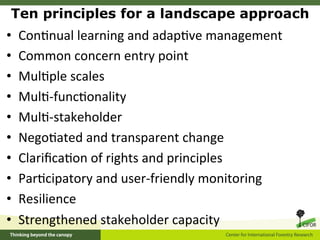 Ten principles for a landscape approach
•    Con5nual	
  learning	
  and	
  adap5ve	
  management	
  
•    Common	
  conce...