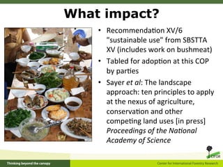 What impact?
    •  Recommenda5on	
  XV/6	
  
       "sustainable	
  use"	
  from	
  SBSTTA	
  
       XV	
  (includes	
  ...