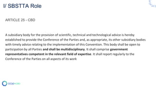 I/ SBSTTA Role
ARTICLE 25 - CBD
A subsidiary body for the provision of scientific, technical and technological advice is hereby
established to provide the Conference of the Parties and, as appropriate, its other subsidiary bodies
with timely advice relating to the implementation of this Convention. This body shall be open to
participation by all Parties and shall be multidisciplinary. It shall comprise government
representatives competent in the relevant field of expertise. It shall report regularly to the
Conference of the Parties on all aspects of its work
 