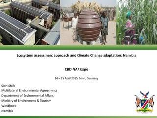 Ecosystem assessment approach and Climate Change adaptation: Namibia
CBD NAP Expo
14 – 15 April 2015, Bonn, Germany
Sion Shifa
Multilateral Environmental Agreements
Department of Environmental Affairs
Ministry of Environment & Tourism
Windhoek
Namibia
 