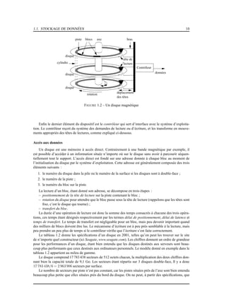 1.1. STOCKAGE DE DONNÉES 10
tête de
lecture
déplacement
des têtes
braspiste
cylindre
disque
disque
disque
rotation
axe
Contrôleur
données
blocs
FIGURE 1.2 – Un disque magnétique
Enﬁn le dernier élément du dispositif est le contrôleur qui sert d’interface avec le système d’exploita-
tion. Le contrôleur reçoit du système des demandes de lecture ou d’écriture, et les transforme en mouve-
ments appropriés des têtes de lectures, comme expliqué ci-dessous.
Accès aux données
Un disque est une mémoire à accès direct. Contrairement à une bande magnétique par exemple, il
est possible d’accéder à un information située n’importe où sur le disque sans avoir à parcourir séquen-
tiellement tout le support. L’accès direct est fondé sur une adresse donnée à chaque bloc au moment de
l’initialisation du disque par le système d’exploitation. Cette adresse est généralement composée des trois
éléments suivants :
1. le numéro du disque dans la pile ou le numéro de la surface si les disques sont à double-face ;
2. le numéro de la piste ;
3. le numéro du bloc sur la piste.
La lecture d’un bloc, étant donné son adresse, se décompose en trois étapes :
– positionnement de la tête de lecture sur la piste contenant le bloc ;
– rotation du disque pour attendre que le bloc passe sous la tête de lecture (rappelons que les têtes sont
ﬁxe, c’est le disque qui tourne) ;
– transfert du bloc.
La durée d’une opération de lecture est donc la somme des temps consacrés à chacune des trois opéra-
tions, ces temps étant désignés respectivement par les termes délai de positionnement, délai de latence et
temps de transfert. Le temps de transfert est négligeable pour un bloc, mais peu devenir important quand
des milliers de blocs doivent être lus. Le mécanisme d’écriture est à peu près semblable à la lecture, mais
peu prendre un peu plus de temps si le contrôleur vériﬁe que l’écriture s’est faite correctement.
Le tableau 1.2 donne les spéciﬁcations d’un disque en 2001, telles qu’on peut les trouver sur le site
de n’importe quel constructeur (ici Seagate, www.seagate.com). Les chiffres donnent un ordre de grandeur
pour les performances d’un disque, étant bien entendu que les disques destinés aux serveurs sont beau-
coup plus performants que ceux destinés aux ordinateurs personnels. Le modèle donné en exemple dans le
tableau 1.2 appartient au mileu de gamme.
Le disque comprend 17 783 438 secteurs de 512 octets chacun, la multiplication des deux chiffres don-
nant bien la capacité totale de 9,1 Go. Les secteurs étant répartis sur 3 disques double-face, ll y a donc
17 783 438/6 = 2 963 906 secteurs par surface.
Le nombre de secteurs par piste n’est pas constant, car les pistes situées près de l’axe sont bien entendu
beaucoup plus petite que elles situées près du bord du disque. On ne peut, à partir des spéciﬁcations, que
 
