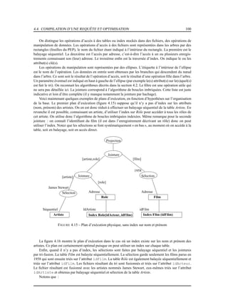 4.4. COMPILATION D’UNE REQUÊTE ET OPTIMISATION 100
On distingue les opérations d’accès à des tables ou index stockés dans des ﬁchiers, des opérations de
manipulation de données. Les opérations d’accès à des ﬁchiers sont représentées dans les arbres par des
rectangles (feuilles du PEP), le nom du ﬁchier étant indiqué à l’intérieur du rectangle. La première est le
balayage séquentiel. La deuxième est l’accès par adresse, c’est-à-dire l’accès à un ou plusieurs enregis-
trements connaissant son (leur) adresse. Le troisième enﬁn est la traversée d’index. On indique le ou les
attribut(s) clé(s).
Les opérations de manipulation sont représentées par des ellipses. L’étiquette à l’intérieur de l’ellipse
est le nom de l’opération. Les données en entrée sont obtenues par les branches qui descendent du nœud
dans l’arbre. Ce sont soit le résultat de l’opération d’accès, soit le résultat d’une opération ﬁlle dans l’arbre.
Un paramètre éventuel est indiqué en haut à gauche de l’ellipse (par exemple le(s) attribut(s) sur le(s)quel(s)
est fait le tri). On reconnait les algorithmes décrits dans la section 4.2. Le ﬁltre est une opération utile qui
ne sera pas détaillée ici. La jointure correspond à l’algorithme de boucles imbriquées. Cette liste est juste
indicative et loin d’être complète (il y manque notamment la jointure par hachage).
Voici maintenant quelques exemples de plans d’exécution, en fonction d’hypothèses sur l’organisation
de la base. Le premier plan d’exécution (ﬁgure 4.15) suppose qu’il n’y a pas d’index sur les attributs
(nom, prénom) des artistes. On en est donc réduit à effectuer un balayage séquentiel de la table Artiste. En
revanche il est possible, connaissant un artiste, d’utiliser l’index sur Rôle pour accéder à tous les rôles de
cet artiste. On utilise donc l’algorithme de boucles imbriquées indexées. Même remarque pour la seconde
jointure : on connaît l’identiﬁant du ﬁlm (il est dans l’enregistrement décrivant un rôle) donc on peut
utiliser l’index. Notez que les sélections se font systématiquement « en bas », au moment où on accède à la
table, soit en balayage, soit en accès direct.
[artiste]
[role]
[artiste,role] [film]
Jointure
Jointure
Projection
Adresse Adresse
Séquentiel
Index Film (idFilm)
idFilm
Film
Sélection
1958
Artiste
Sélection
James Stewart
Role
Index Role(idActeur, idFilm)
IdArtiste
FIGURE 4.15 – Plan d’exécution physique, sans index sur nom et prénom
La ﬁgure 4.16 montre le plan d’exécution dans le cas où un index existe sur les nom et prénom des
artistes. Ce plan est certainement optimal puisque on peut utiliser un index sur chaque table.
Enﬁn, quand il n’y a pas d’index, les sélections sont faites par balayage séquentiel et les jointures
par tri-fusion. La table Film est balayée séquentiellement. La sélection garde seulement les ﬁlms parus en
1958 qui sont ensuite triés sur l’attribut idFilm. La table Rôle est également balayée séquentiellement et
triée sur l’attribut idFilm. Les ﬁchiers résultant du tri sont fusionnés et triés sur l’attribut idActeur.
Le ﬁchier résultant est fusionné avec les artistes nommés James Stewart, eux-mêmes triés sur l’attribut
idArtiste et obtenus par balayage séquentiel et sélection de la table Artiste.
Notons que :
 