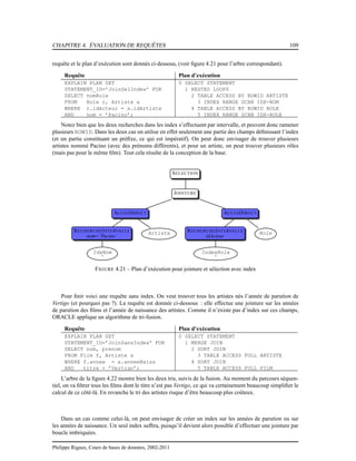 CHAPITRE 4. ÉVALUATION DE REQUÊTES 109
requête et le plan d’exécution sont donnés ci-dessous, (voir ﬁgure 4.21 pour l’arbre correspondant).
Requête Plan d’exécution
EXPLAIN PLAN SET
STATEMENT_ID=’JoinSelIndex’ FOR
SELECT nomRole
FROM Role r, Artiste a
WHERE r.idActeur = a.idArtiste
AND nom = ’Pacino’;
0 SELECT STATEMENT
1 NESTED LOOPS
2 TABLE ACCESS BY ROWID ARTISTE
3 INDEX RANGE SCAN IDX-NOM
4 TABLE ACCESS BY ROWID ROLE
5 INDEX RANGE SCAN IDX-ROLE
Notez bien que les deux recherches dans les index s’effectuent par intervalle, et peuvent donc ramener
plusieurs ROWID. Dans les deux cas on utilise en effet seulement une partie des champs déﬁnissant l’index
(et un partie constituant un préﬁxe, ce qui est impératif). On peut donc envisager de trouver plusieurs
artistes nommé Pacino (avec des prénoms différents), et pour un artiste, on peut trouver plusieurs rôles
(mais pas pour le même ﬁlm). Tout cela résulte de la conception de la base.
SELECTION
JOINTURE
ACCESDIRECT
RECHERCHEINTERVALLE
nom=’Pacino’
IdxNom
-
Artiste
ACCESDIRECT
RECHERCHEINTERVALLE
idActeur
IndexRole
-
Role
FIGURE 4.21 – Plan d’exécution pour jointure et sélection avec index
Pour ﬁnir voici une requête sans index. On veut trouver tous les artistes nés l’année de parution de
Vertigo (et pourquoi pas ?). La requête est donnée ci-dessous : elle effectue une jointure sur les années
de parution des ﬁlms et l’année de naissance des artistes. Comme il n’existe pas d’index sur ces champs,
ORACLE applique un algorithme de tri-fusion.
Requête Plan d’exécution
EXPLAIN PLAN SET
STATEMENT_ID=’JoinSansIndex’ FOR
SELECT nom, prenom
FROM Film f, Artiste a
WHERE f.annee = a.anneeNaiss
AND titre = ’Vertigo’;
0 SELECT STATEMENT
1 MERGE JOIN
2 SORT JOIN
3 TABLE ACCESS FULL ARTISTE
4 SORT JOIN
5 TABLE ACCESS FULL FILM
L’arbre de la ﬁgure 4.22 montre bien les deux tris, suivis de la fusion. Au moment du parcours séquen-
tiel, on va ﬁltrer tous les ﬁlms dont le titre n’est pas Vertigo, ce qui va certainement beaucoup simpliﬁer le
calcul de ce côté-là. En revanche le tri des artistes risque d’être beaucoup plus coûteux.
Dans un cas comme celui-là, on peut envisager de créer un index sur les années de parution ou sur
les années de naissance. Un seul index sufﬁra, puisqu’il devient alors possible d’effectuer une jointure par
boucle imbriquées.
Philippe Rigaux, Cours de bases de données, 2002-2011
 