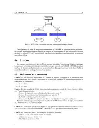 4.6. EXERCICES 110
SELECTION
FUSION
TRI
annéeNaiss
PARCOURSSEQUENTIEL
Artiste
-
TRI
année
PARCOURSSEQUENTIEL
Film
-
FIGURE 4.22 – Plan d’exécution pour une jointure sans index (tri-fusion)
Outre l’absence, il existe de nombreuses raisons pour qu’ORACLE ne puisse pas utiliser un index :
par exemple quand on applique une fonction au moment de la comparaison. Il faut être attentif à ce genre
de détail, et utiliser EXPLAIN pour vériﬁer le plan d’exécution quand une requête s’exécute sur un temps
anormalement long.
4.6 Exercices
Les premiers exercices sont à faire en TD, et adoptent le modèle d’exécution par itération/pipelinage.
Les exercices suivants consistent à expérimenter les concepts proposés avc le SGBD ORACLE, en créant
une base de données, en l’alimentant avec un nombre choisi d’enregistrements, et en évaluant l’effet de
manipulations diverses sur les performances du système.
4.6.1 Opérateurs d’accès aux données
Exercice 26. Soit la liste des départements de l’exercice 10, page 65. On suppose qu’on peut stocker deux
enregistrements par bloc. Décrire l’algorithme de tri-fusion sur le numéro de département appliqué à ce
ﬁchier dans les cas suivants :
1. M = 4 blocs ;
2. M = 3 blocs.
Exercice 27. Soit un ﬁchier de 10 000 blocs et un buffer en mémoire centrale de 3 blocs. On trie ce ﬁchier
avec l’algorithme de tri-fusion.
– Combien de fragments sont produits pendant la première passe ?
– Combien de passes faut-il pour trier complètement le ﬁchier ?
– Quel est le coût total en entrées/sorties ?
– Combien faut-il de blocs en mémoire faut-il pour trier le ﬁchier en une fusion seulement.
Répondre aux mêmes questions en prenant un ﬁchier de 20 000 blocs et 5 blocs de buffer, puis un ﬁchier
de 2 000 000 de blocs et 17 blocs de buffer.
Exercice 28. Donnez une spéciﬁcation en pseudo-langage orienté-objet des méthodes constructeur,
open, next et close de l’itérateur PARCOURSSÉQUENTIEL qui lit séquentiellement un ﬁchier.
Exercice 29. Donner des plans d’exécution pour les requêtes suivantes :
– SELECT titre FROM Film ORDER BY annee
– SELECT MIN(annee) FROM Film
Il faut déﬁnir un itérateur MIN.
 
