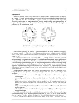 1.1. STOCKAGE DE DONNÉES 12
Regroupement
Prenons un exemple simple pour se persuader de l’importance d’un bon regroupement des données
sur le disque : le SGBD doit lire 5 chaînes de caractères de 1000 octets chacune. Pour une taille de bloc
égale à 4096 octets, deux blocs peuvent sufﬁre. La ﬁgure 1.3 montre deux organisations sur le disque. Dans
la première chaque chaîne est placée dans un bloc différent, et les blocs sont répartis aléatoirement sur
les pistes du disque. Dans la seconde organisation, les chaînes sont rassemblés dans deux blocs qui sont
consécutifs sur une même piste du disque.
(b)(a)
FIGURE 1.3 – Mauvaise et bonne organisation sur un disque
La lecture dans le premier cas implique 5 déplacements des têtes de lecture, et 5 délais de latence ce
qui donne un temps de 5 × (5.2 + 3) = 41 ms. Dans le second cas, on aura un déplacement, et un délai de
latence pour la lecture du premier bloc, mais le bloc suivant pourra être lu instantanément, pour un temps
total de 8,2 ms.
Les performances obtenues sont dans un rapport de 1 à 5, le temps minimal s’obtenant en combinant
deux optimisations : regroupement et contiguïté. Le regroupement consiste à placer dans le même bloc des
données qui ont de grandes chances d’êtres lues au même moment. Les critères permettant de déterminer
le regroupement des données constituent un des fondements des structures de données en mémoire secon-
daire qui seront étudiées par la suite. Le placement dans des blocs contigus est une extension directe du
principe de regroupement. Il permet d’effectuer des lectures séquentielles qui, comme le montre l’exemple
ci-dessus, sont beaucoup plus performantes que les lectures aléatoires car elles évitent des déplacements
de têtes de lecture.
Plus généralement, le gain obtenu dans la lecture de deux données d1 et d2 est d’autant plus impor-
tant que les données sont « proches», sur le disque, cette proximité étant déﬁnie comme suit, par ordre
décroissant :
– la proximité maximale est obtenue quand d1 et d2 sont dans le même bloc : elles seront alors toujours
lues ensembles ;
– le niveau de proximité suivant est obtenu quand les données sont placées dans deux blocs consécu-
tifs ;
– quand les données sont dans deux blocs situés sur la même piste du même disque, elles peuvent
être lues par la même tête de lecture, sans déplacement de cette dernière, et en une seule rotation du
disque ;
– l’étape suivante est le placement des deux blocs dans un même cylindre, qui évite le déplacement
des têtes de lecture ;
– enﬁn si les blocs sont dans deux cylindres distincts, la proximité est déﬁnie par la distance (en nombre
de pistes) à parcourir.
Les SGBD essaient d’optimiser la proximité des données au moment de leur placement sur le disque.
Une table par exemple devrait être stockée sur une même piste ou, dans le cas où elle occupe plus d’une
piste, sur les pistes d’un même cylindre, aﬁn de pouvoir effectuer efﬁcacement un parcours séquentiel.
Pour que le SGBD puisse effectuer ces optimisations, il doit se voir conﬁer, à la création de la base,
 