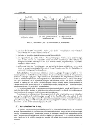 1.2. FICHIERS 22
(a) Situation initiale (b) Après agrandissement de
l’enregistrement 46
(c) Déplacement de
l’enregistrement 46
4616 57
Bloc F1.12
4616 57
Bloc F1.12
4616 57
Bloc F1.12
FIGURE 1.10 – Mises à jour d’un enregistrement de taille variable
1. on insère dans la table Film un ﬁlm « Marnie », sans résumé ; l’enregistrement correspondant est
stocké dans le bloc F1.12, et prend le numéro 46 ;
2. on insère un autre ﬁlm, stocké à l’emplacement 47 du bloc F1.12 ;
3. on s’aperçoit alors que le titre exact est « Pas de printemps pour Marnie », ce qui peut se corriger
avec un ordre UPDATE : si l’espace libre restant dans le bloc est sufﬁsant, il sufﬁt d’effectuer une
réorganisation interne pendant que le bloc est en mémoire centrale, réorganisation qui a un coût nul
en terme d’entrées/sorties ;
4. enﬁn on met à nouveau l’enregistrement à jour pour stocker le résumé qui était resté à NULL : cette
fois il ne reste plus assez de place libre dans le bloc, et l’enregistrement doit être déplacé dans un
autre bloc, tout en gardant la même adresse.
Au lieu de déplacer l’enregistrement entièrement (solution adoptée par Oracle par exemple), on pour-
rait le fragmenter en stockant le résumé dans un autre bloc, avec un chaînage au niveau de l’enregistrement
(solution adoptée par MySQL). Le déplacement (ou la fragmentation) des enregistrements de taille va-
riable est évidemment pénalisante pour les performances. Il faut effectuer autant de lectures sur le disque
qu’il y a d’indirections (ou de fragments), et on peut donc assimiler le coût d’une lecture d’un enregis-
trement en n parties, à n fois le coût d’un enregistrement compact. Comme nous le verrons plus loin, un
SGBD comme Oracle permet de réserver un espace disponible dans chaque bloc pour l’agrandissement des
enregistrements aﬁn d’éviter de telles réorganisations.
Les enregistrements de taille variable sont un peu plus compliqués à gérer pour le SGBD que ceux de
taille ﬁxe. Les modules accédant au ﬁchier doivent prendre en compte les en-têtes de bloc ou d’enregistre-
ment pour savoir où commence et où ﬁnit un enregistrement donné.
En contrepartie, un ﬁchier contenant des enregistrements de taille variable utilise souvent mieux l’es-
pace qui lui est attribué. Si on déﬁnissait par exemple le titre d’un ﬁlm et les autres attributs de taille
variable comme des CHAR et pas comme des VARCHAR, tous les enregistrements seraient de taille ﬁxe, au
prix de beaucoup d’espace perdu puisque la taille choisie correspond souvent à des cas extrêmes rarement
rencontrés – un titre de ﬁlm va rarement jusqu’à 50 octets.
1.2.3 Organisation d’un ﬁchier
Les systèmes d’exploitation organisent les ﬁchiers qu’ils gèrent dans une arborescence de répertoires.
Chaque répertoire contient un ensemble de ﬁchiers identifés de manière unique (au sein du répertoire) par
un nom. Il faut bien distinguer l’emplacement physique du ﬁchier sur le disque et son emplacement logique
dans l’arbre des répertoires du système. Ces deux aspects sont indépendants : il est possible de changer le
nom d’un ﬁchier ou de modiﬁer son répertoire sans que cela affecte ni son emplacement physique ni son
contenu.
 