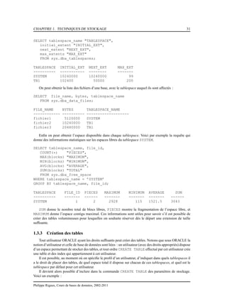 CHAPITRE 1. TECHNIQUES DE STOCKAGE 31
SELECT tablespace_name "TABLESPACE",
initial_extent "INITIAL_EXT",
next_extent "NEXT_EXT",
max_extents "MAX_EXT"
FROM sys.dba_tablespaces;
TABLESPACE INITIAL_EXT NEXT_EXT MAX_EXT
---------- ----------- -------- -------
SYSTEM 10240000 10240000 99
TB1 102400 50000 200
On peut obtenir la liste des ﬁchiers d’une base, avec le tablespace auquel ils sont affectés :
SELECT file_name, bytes, tablespace_name
FROM sys.dba_data_files;
FILE_NAME BYTES TABLESPACE_NAME
------------ ---------- -------------------
fichier1 5120000 SYSTEM
fichier2 10240000 TB1
fichier3 20480000 TB1
Enﬁn on peut obtenir l’espace disponible dans chaque tablespace. Voici par exemple la requête qui
donne des informations statistiques sur les espaces libres du tablespace SYSTEM.
SELECT tablespace_name, file_id,
COUNT(*) "PIECES",
MAX(blocks) "MAXIMUM",
MIN(blocks) "MINIMUM",
AVG(blocks) "AVERAGE",
SUM(blocks) "TOTAL"
FROM sys.dba_free_space
WHERE tablespace_name = ’SYSTEM’
GROUP BY tablespace_name, file_id;
TABLESPACE FILE_ID PIECES MAXIMUM MINIMUM AVERAGE SUM
---------- ------- ------ ------- ------- ------- ------
SYSTEM 1 2 2928 115 1521.5 3043
SUM donne le nombre total de blocs libres, PIECES montre la fragmentation de l’espace libre, et
MAXIMUM donne l’espace contigu maximal. Ces informations sont utiles pour savoir s’il est possible de
créer des tables volumineuses pour lesquelles on souhaite réserver dès le départ une extension de taille
sufﬁsante.
1.3.3 Création des tables
Tout utilisateur ORACLE ayant les droits sufﬁsants peut créer des tables. Notons que sous ORACLE la
notion d’utilisateur et celle de base de données sont liées : un utilisateur (avec des droits appropriés) dispose
d’un espace permettant de stocker des tables, et tout ordre CREATE TABLE effectué par cet utilisateur crée
une table et des index qui appartiennent à cet utilisateur.
Il est possible, au moment où on spéciﬁe le proﬁl d’un utilisateur, d’indiquer dans quels tablespaces il
a le droit de placer des tables, de quel espace total il dispose sur chacun de ces tablespaces, et quel est le
tablespace par défaut pour cet utilisateur.
Il devient alors possible d’inclure dans la commande CREATE TABLE des paramètres de stockage.
Voici un exemple :
Philippe Rigaux, Cours de bases de données, 2002-2011
 