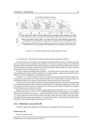 CHAPITRE 2. INDEXATION 43
Données
Annie Hall
Brazil
Casablanca
Easy Rider
Impitoyable
Jurassic Park
Greystoke
Manhattan
Easy Rider Manhattan Shining
Index
Reservoir Dogs
Shining
Metropolis
Psychose
Underground
Vertigo
Twin Peaks
Smoke
Vertigo 1958 Brazil 1984 Twin Peaks 1990 Underground 1995Easy Rider 1969 Psychose 1960
Impitoyable 1992 Casablanca 1942 Smoke 1995Reservoir Dogs 1992Manhattan 1979
Greystoke 1984 Shining 1980 Annie Hall 1977 Jurassic Park 1992 Metropolis 1926
FIGURE 2.4 – Le ﬁchier des ﬁlms, avec un index unique sur le titre.
3. et ainsi de suite : le dernier bloc contient des titres strictement supérieurs à Shining.
Le dernier niveau (le second dans notre exemple) est celui des feuilles de l’arbre. Il constitue un index
dense alors que les niveaux supérieurs sont non-denses. À ce niveau on associe à chaque titre l’adresse du
ﬁlm dans le ﬁchier des données. Étant donné cette adresse, on peut accéder directement au ﬁlm sans avoir
besoin d’effectuer un parcours séquentiel sur le ﬁchier de données. Dans la ﬁgure 2.4, nous ne montrons
que quelques-uns de ces chaînages (index, données).
Il existe un deuxième chaînage dans un arbre-B+ : les feuilles sont liées entre elles en suivant l’ordre
lexicographique des valeurs qu’elles contiennent. Ce second chaînage – représenté en pointillés dans la
ﬁgure 2.4 – permet de répondre aux recherches par intervalle.
L’attribut titre est la clé unique de Film. Il n’y a donc qu’une seule adresse associée à chaque ﬁlm.
On peut créer d’autre index sur le même ﬁchier de données. Si ces autres index ne sont pas construits sur
des attributs formant une clé unique, on aura plusieurs adresses associés à une même valeur.
La ﬁgure 2.5 montre un index construit sur l’année de parution des ﬁlms. Cet index est naturellement
non-unique puisque plusieurs ﬁlms paraissent la même année. On constate par exemple que la valeur 1995
est associée à deux ﬁlms, Smoke et Underground. Ce deuxième index permet d’optimiser des requêtes
utilisant l’année comme critère de recherche.
Quand un arbre-B+ est créé sur une table, soit directement par la commande CREATE INDEX, soit in-
directement avec l’option PRIMARY KEY, un SGBD relationnel effectue automatiquement les opérations
nécessaires au maintien de la structure : insertions, destructions, mises à jour. Quand on insère un ﬁlm,
il y a donc également insertion d’une nouvelle valeur dans l’index des titres et dans l’index des années.
Ces opérations peuvent être assez coûteuses, et la création d’un index, si elle optimise des opérations de
recherche, est en contrepartie pénalisante pour les mises à jour.
2.3.2 Recherches avec un arbre-B+
L’arbre-B+ supporte des opérations de recherche par clé, par préﬁxe de la clé et par intervalle.
Recherche par clé
Prenons l’exemple suivant :
Philippe Rigaux, Cours de bases de données, 2002-2011
 