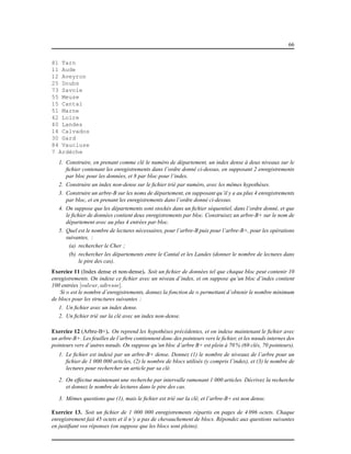 66
81 Tarn
11 Aude
12 Aveyron
25 Doubs
73 Savoie
55 Meuse
15 Cantal
51 Marne
42 Loire
40 Landes
14 Calvados
30 Gard
84 Vaucluse
7 Ardèche
1. Construire, en prenant comme clé le numéro de département, un index dense à deux niveaux sur le
ﬁchier contenant les enregistrements dans l’ordre donné ci-dessus, en supposant 2 enregistrements
par bloc pour les données, et 8 par bloc pour l’index.
2. Construire un index non-dense sur le ﬁchier trié par numéro, avec les mêmes hypothèses.
3. Construire un arbre-B sur les noms de département, en supposant qu’il y a au plus 4 enregistrements
par bloc, et en prenant les enregistrements dans l’ordre donné ci-dessus.
4. On suppose que les départements sont stockés dans un ﬁchier séquentiel, dans l’ordre donné, et que
le ﬁchier de données contient deux enregistrements par bloc. Construisez un arbre-B+ sur le nom de
département avec au plus 4 entrées par bloc.
5. Quel est le nombre de lectures nécessaires, pour l’arbre-B puis pour l’arbre-B+, pour les opérations
suivantes, :
(a) rechercher le Cher ;
(b) rechercher les départements entre le Cantal et les Landes (donner le nombre de lectures dans
le pire des cas).
Exercice 11 (Index dense et non-dense). Soit un ﬁchier de données tel que chaque bloc peut contenir 10
enregistrements. On indexe ce ﬁchier avec un niveau d’index, et on suppose qu’un bloc d’index contient
100 entrées [valeur, adresse].
Si n est le nombre d’enregistrements, donnez la fonction de n permettant d’obtenir le nombre minimum
de blocs pour les structures suivantes :
1. Un ﬁchier avec un index dense.
2. Un ﬁchier trié sur la clé avec un index non-dense.
Exercice 12 (Arbre-B+). On reprend les hypothèses précédentes, et on indexe maintenant le ﬁchier avec
un arbre-B+. Les feuilles de l’arbre contiennent donc des pointeurs vers le ﬁchier, et les nœuds internes des
pointeurs vers d’autres nœuds. On suppose qu’un bloc d’arbre B+ est plein à 70 % (69 clés, 70 pointeurs).
1. Le ﬁchier est indexé par un arbre-B+ dense. Donnez (1) le nombre de niveaux de l’arbre pour un
ﬁchier de 1 000 000 articles, (2) le nombre de blocs utilisés (y compris l’index), et (3) le nombre de
lectures pour rechercher un article par sa clé.
2. On effectue maintenant une recherche par intervalle ramenant 1 000 articles. Décrivez la recherche
et donnez le nombre de lectures dans le pire des cas.
3. Mêmes questions que (1), mais le ﬁchier est trié sur la clé, et l’arbre-B+ est non dense.
Exercice 13. Soit un ﬁchier de 1 000 000 enregistrements répartis en pages de 4 096 octets. Chaque
enregistrement fait 45 octets et il n’y a pas de chevauchement de blocs. Répondez aux questions suivantes
en justiﬁant vos réponses (on suppose que les blocs sont pleins).
 