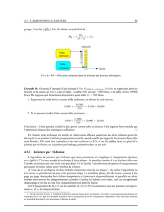 4.3. ALGORITHMES DE JOINTURE 88
groupe, S est lue ⌈ BR
M−2 ⌉ fois. On obtient un coût ﬁnal de :
BR + ⌈
BR
M − 2
⌉ × BS
mémoire
Table
Table
Sortie
m−2pages
intérieure
extérieure
FIGURE 4.9 – Allocation mémoire dans la jointure par boucles imbriquées
Exemple 16. On prend l’exemple d’une jointure Film 1idMES=idArtiste Artiste en supposant, pour les
besoins de la cause, qu’il n’y a pas d’index. La table Film occupe 1 000 blocs, et la table Artiste 10 000
blocs. On suppose que la mémoire disponible a pour taille M = 252 blocs.
1. En prenant la table Artiste comme table extérieure, on obtient le coût suivant :
10 000 + ⌈
10 000
250
⌉ × 1 000 = 50 000
2. Et en prenant la table Film comme table extérieure :
1 000 + ⌈
1 000
250
⌉ × 10 000 = 41 000
Conclusion : il faut prendre la table la plus petite comme table extérieure. Cela suppose bien entendu que
l’optimiseur dispose des statistiques sufﬁsantes. 2
En résumé, cette technique est simple, et relativement efﬁcace quand une des deux relations peut être
découpée en un nombre limité de groupes (autrement dit, quand sa taille par rapport à la mémoire disponible
reste limitée). Elle tend vite cependant à être très coûteuse en E/S, et on lui préfère donc en général la
jointure par tri-fusion, ou la jointure par hachage, présentées dans ce qui suit.
4.3.2 Jointure par tri-fusion
L’algorithme de jointure par tri-fusion que nous présentons ici s’applique à l’équijointure (jointure
avec égalité). C’est un exemple de technique à deux phases : la première consiste à trier les deux tables sur
l’attribut de jointure (si elles ne le sont pas déjà). Ce tri facilite l’identiﬁcation des paires d’enregistrement
partageant la même valeur pour l’attribut de jointure.
À l’issu du tri on dispose de deux ﬁchiers temporaires stockés sur disque 3
. On utilise l’algorithme de
tri externe vu précédemment pour cette première étape. La deuxième phase, dite de fusion, consiste à lire
page par page chacun des deux ﬁchiers temporaires et à parcourir séquentiellement en parallèle ces deux
ﬁchiers pour trouver les enregistrements à joindre. Comme les ﬁchiers sont triées, sauf cas exceptionnel,
chaque page n’est lue qu’une fois. Regardons plus en détail la fusion.
Soit l’équijointure de R et S sur les attributs R.A et S.B On commence avec les premiers enregistre-
ments r1 et s1 de chaque relation.
3. En fait on éviter d’écrire le résultat de la dernière étape de fusion du tri, en prenant « à la volée » les enregistrements produits par
l’opérateur de tri. Il s’agit d’un exemple de petites astuces qui peuvent avoir des conséquences importantes, mais dont nous omettons
en général la description pour des raisons évidentes de clarté.
 