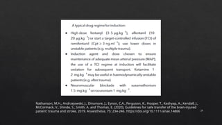 29
Nathanson, M.H., Andrzejowski, J., Dinsmore, J., Eynon, C.A., Ferguson, K., Hooper, T., Kashyap, A., Kendall, J.,
McCormack, V., Shinde, S., Smith, A. and Thomas, E. (2020), Guidelines for safe transfer of the brain-injured
patient: trauma and stroke, 2019. Anaesthesia, 75: 234-246. https://doi.org/10.1111/anae.14866
 