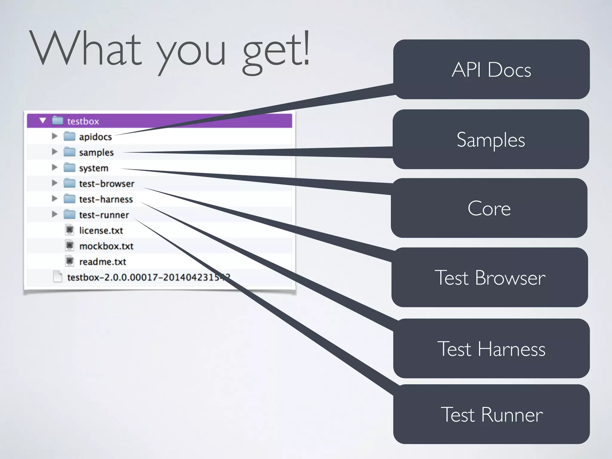What you get! API Docs 
Samples 
Core 
Test Browser 
Test Harness 
Test Runner 
 