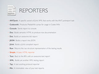 REPORTERS 
• ANTJunit : A specific variant of JUnit XML that works with the ANT junitreport task 
• Codexwiki : Produces MediaWiki syntax for usage in Codex Wiki 
• Console : Sends report to console 
• Doc : Builds semantic HTML to produce nice documentation 
• Dot : Builds an awesome dot report 
• JSON : Builds a report into JSON 
• JUnit : Builds a JUnit compliant report 
• Raw : Returns the raw structure representation of the testing results 
• Simple : A basic HTML reporter 
• Text : Back to the 80's with an awesome text report 
• XML : Builds yet another XML testing report 
• Tap : A test anything protocol reporter 
• Min : A minimalistic view of your test reports 
 