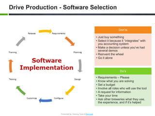 Drive Production - Software Selection
Do’s
• Requirements – Please
• Know what you are solving
• Set a budget
• Involve all roles who will use the tool
• A request for information
• Take your time
• Ask other breweries what they use,
the experience, and if it’s helped
Don’ts
• Just buy something
• Select it because it “integrates” with
you accounting system
• Make a decision unless you’ve had
several demos
• Reinvent the wheel
• Go it alone
Presented by: Vanessa Toves & BevLogik
 