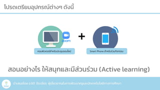 น
ำ
เสนอโดย อ.ธิติ ธีระเธียร ผู้เ
ชี่
ยวชาญในการพัฒนาครูและนักเทคโนโลยีทางการศึกษา
สอนอย่างไร ให้สนุกและมีส่วนร่วม (Active learning)
โปรดเตรียมอุปกรณ์ต่างๆ ดัง
นี้
+
คอมพิวเตอ
ร์
ส
ำ
หรับประชุมออนไล
น์
Smart Phone ส
ำ
หรับ
ร่
วมกิจกรรม
 