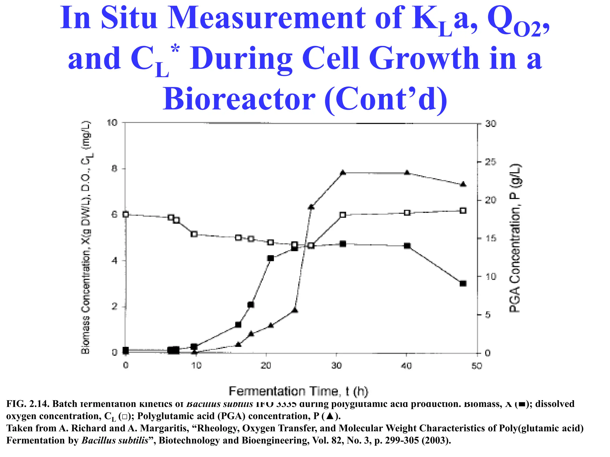 In Situ Measurement of KLa, QO2,
and CL
* During Cell Growth in a
Bioreactor (Cont’d)
FIG. 2.14. Batch fermentation kinetics of Bacillus subtilis IFO 3335 during polyglutamic acid production. Biomass, X (); dissolved
oxygen concentration, CL (□); Polyglutamic acid (PGA) concentration, P (▲).
Taken from A. Richard and A. Margaritis, “Rheology, Oxygen Transfer, and Molecular Weight Characteristics of Poly(glutamic acid)
Fermentation by Bacillus subtilis”, Biotechnology and Bioengineering, Vol. 82, No. 3, p. 299-305 (2003).
 