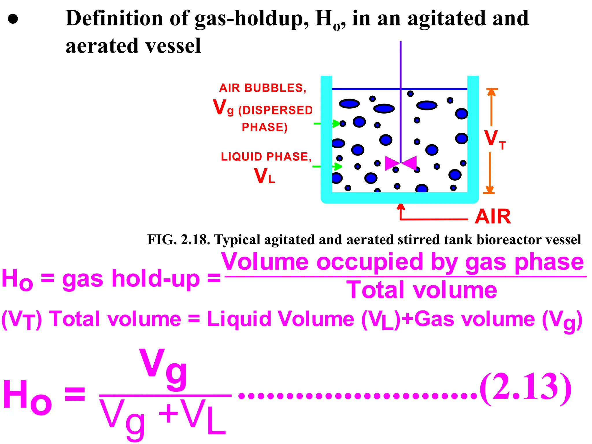 ● Definition of gas-holdup, Ho, in an agitated and
aerated vessel
T
V
AIR
LIQUID PHASE,
VL
AIR BUBBLES,
Vg (DISPERSED
PHASE)
Ho = gas hold-up =
Volume occupied by gas phase
Total volume
(VT) Total volume = Liquid Volume (VL)+Gas volume (Vg)
Ho =
Vg
Vg +VL
.........................(2.13)
FIG. 2.18. Typical agitated and aerated stirred tank bioreactor vessel
 