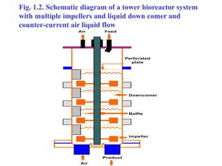 Fig. 1.2. Schematic diagram of a tower bioreactor system
with multiple impellers and liquid down comer and
counter-current air liquid flow
Perforated
plate
Downcomer
Baffle
Impeller
Feed
Air
Product
Air
 