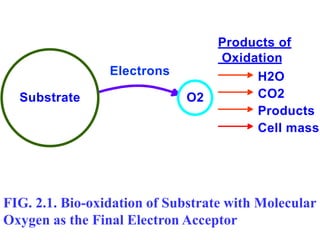 Substrate O2
Electrons H2O
Products of
Oxidation
CO2
Products
Cell mass
FIG. 2.1. Bio-oxidation of Substrate with Molecular
Oxygen as the Final Electron Acceptor
 