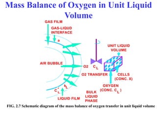 Mass Balance of Oxygen in Unit Liquid
Volume
AIR BUBBLE
LIQUID FILM
GAS FILM
GAS-LIQUD
INTERFACE
L
k
a
C L
*
UNIT LIQUID
VOLUME
CELLS
(CONC. X)
O2 C L
OXYGEN
(CONC. C )
L
BULK
LIQUID
PHASE
O2 TRANSFER
FIG. 2.7 Schematic diagram of the mass balance of oxygen transfer in unit liquid volume
 