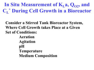 In Situ Measurement of KLa, QO2, and
CL
* During Cell Growth in a Bioreactor
Consider a Stirred Tank Bioreactor System,
Where Cell Growth takes Place at a Given
Set of Conditions:
Aeration
Agitation
pH
Temperature
Medium Composition
 