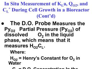 In Situ Measurement of KLa, QO2, and
CL
* During Cell Growth in a Bioreactor
(Cont’d)
● The D.O. Probe Measures the
PyO2 Partial Pressure (PyO2) of
dissolved O2 in the liquid
phase, which means that it
measures HO2CL.
Where:
HO2 = Henry’s Constant for O2 in
Water
 