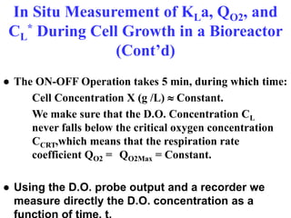In Situ Measurement of KLa, QO2, and
CL
* During Cell Growth in a Bioreactor
(Cont’d)
● The ON-OFF Operation takes 5 min, during which time:
Cell Concentration X (g /L)  Constant.
We make sure that the D.O. Concentration CL
never falls below the critical oxygen concentration
CCRT,which means that the respiration rate
coefficient QO2 = QO2Max = Constant.
● Using the D.O. probe output and a recorder we
measure directly the D.O. concentration as a
 