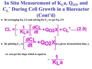 In Situ Measurement of KLa, QO2, and
CL
* During Cell Growth in a Bioreactor
(Cont’d)
● Re-arranging Eq. 2.2 and solving for CL we get Eq. 2.9
● By plotting CL vs. at a given fermentation time, t,
we can get the slope which is equal to
dCL
dt + CL*.....(2.9)
CL =
KLa
1
- QO2X +
dCL
dt +QO2X
KLa
1
-
 